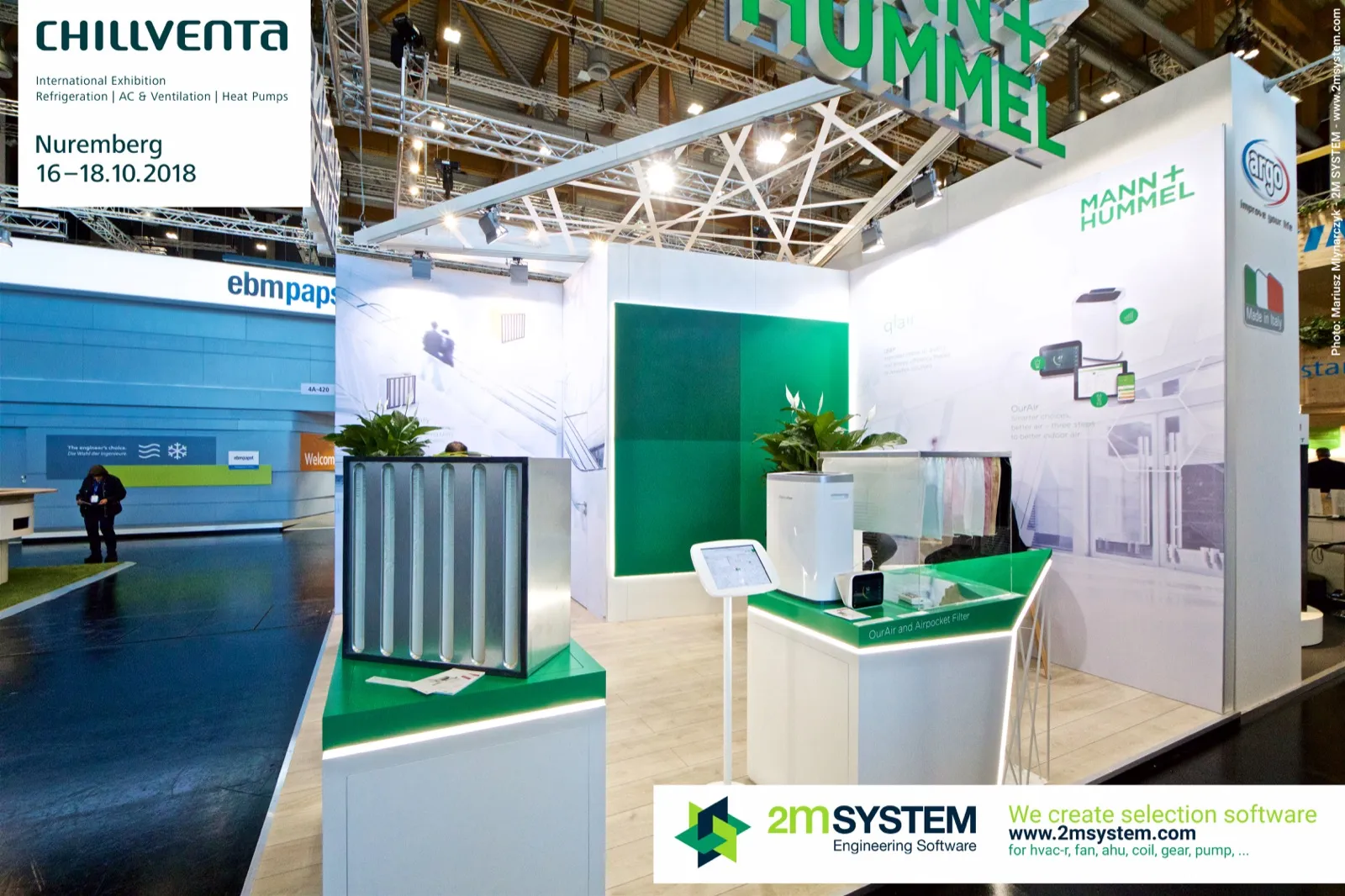 Mann+Hummel stand with V-bank filter, air purifier and tablet display at Chillventa 2018