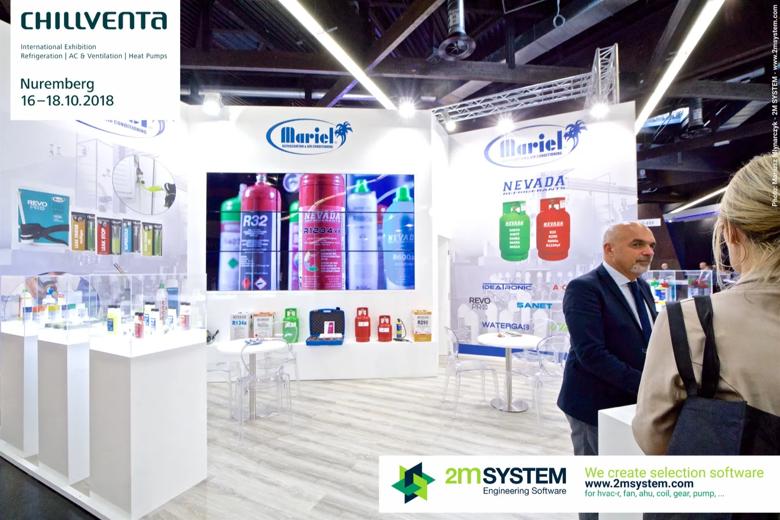 Mariel stand with Nevada refrigerant cylinders and video wall at Chillventa 2018