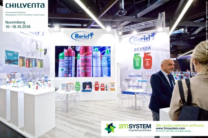 Mariel stand with Nevada refrigerant cylinders and video wall at Chillventa 2018