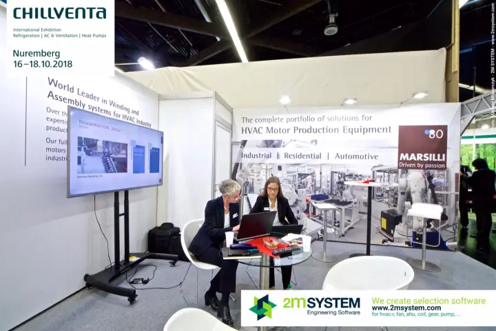 Marsilli staff at work beside a motor winding line screen at Chillventa 2018