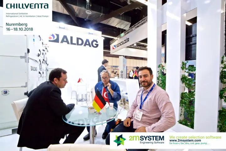 Meeting at the Aldag glass table next to the air handling unit at Chillventa 2018