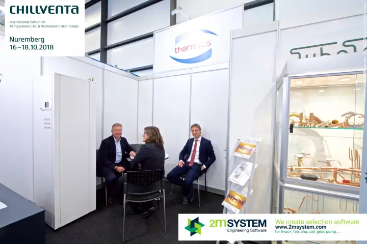 Meeting area at Thermics beside a showcase of copper pipe assemblies at Chillventa 2018