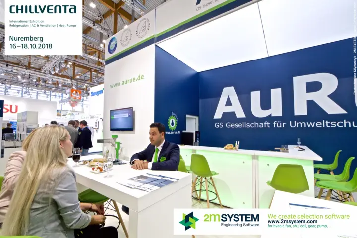 Meeting at an AuRü table in front of the dark blue branded wall at Chillventa 2018