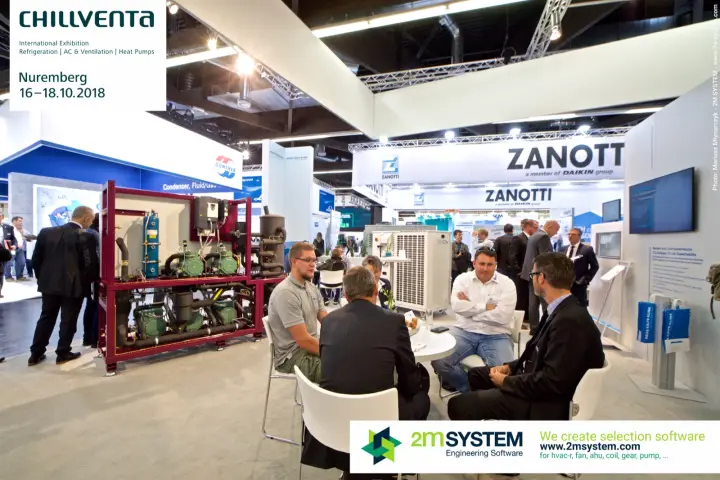 Meeting table beside a compressor rack on the Reiss Kälte-Klima stand at Chillventa 2018