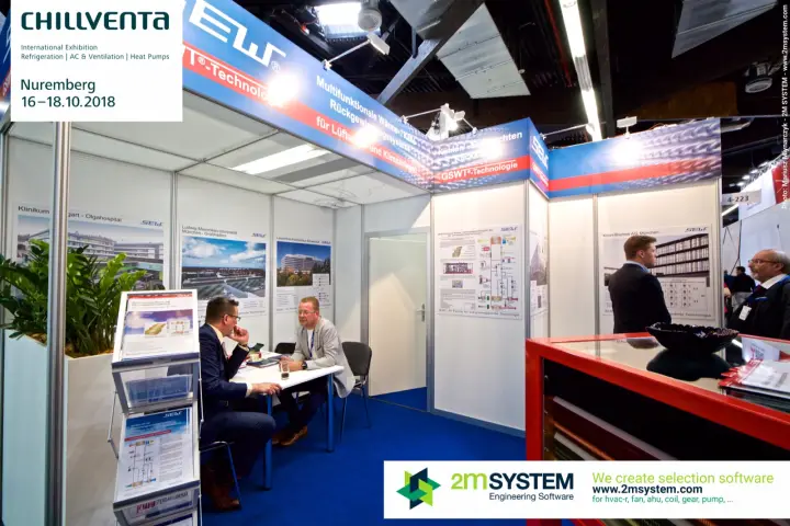 Meeting table and reference posters inside the SEW shell-scheme stand at Chillventa 2018