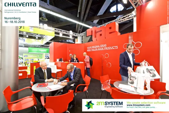 Meeting tables in front of the large red "lae" letters at Chillventa 2018