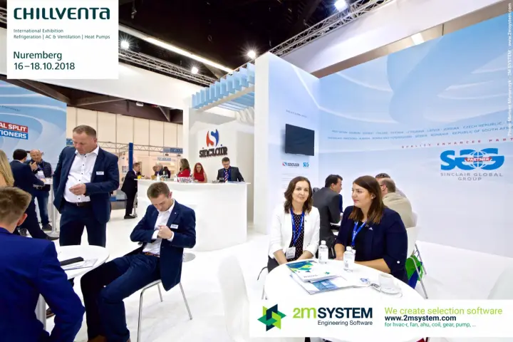 Meeting tables at the Sinclair stand beside the Sinclair Global Group wall at Chillventa 2018