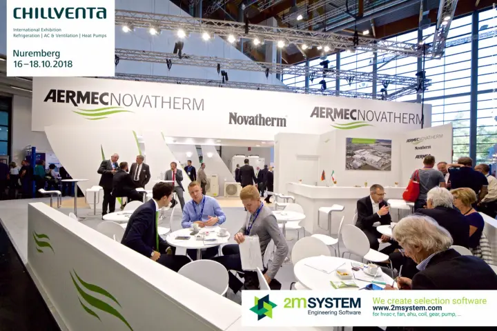 Meeting tables in use on the white Aermec Novatherm stand at Chillventa 2018