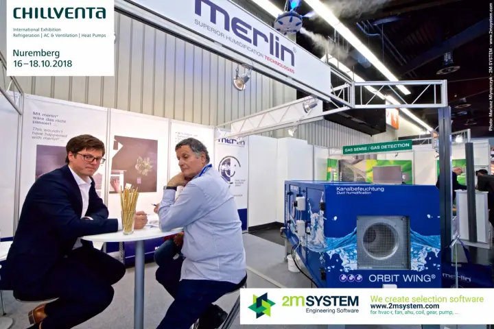 Merlin stand with ORBIT WING duct humidifier and ceiling mist nozzle at Chillventa 2018