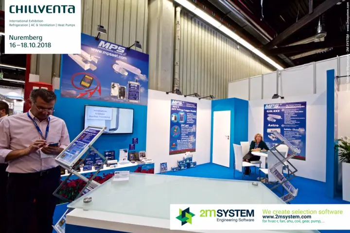 MPS condensate pump display with brochure stands and frosted glass counter at Chillventa 2018