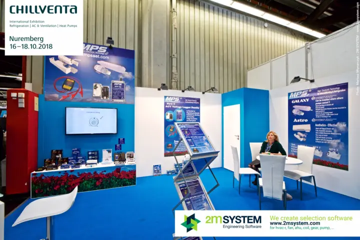 MPS stand with condensate pumps and ACV voltage logger posters at Chillventa 2018