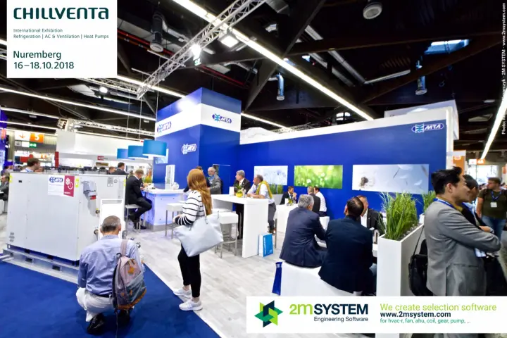 MTA blue stand with a packaged unit and busy meeting tables at Chillventa 2018