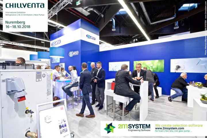 MTA lounge with high tables and a packaged chiller unit in front at Chillventa 2018