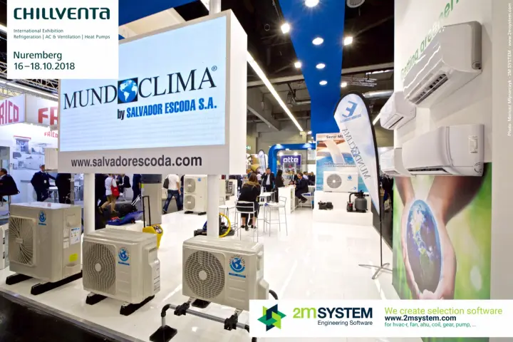 Mundoclima by Salvador Escoda split units under an LED sign at Chillventa 2018