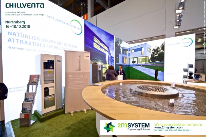 Naturwärmespeicher stand with NIBE F1355-28 heat pump and water basin at Chillventa 2018