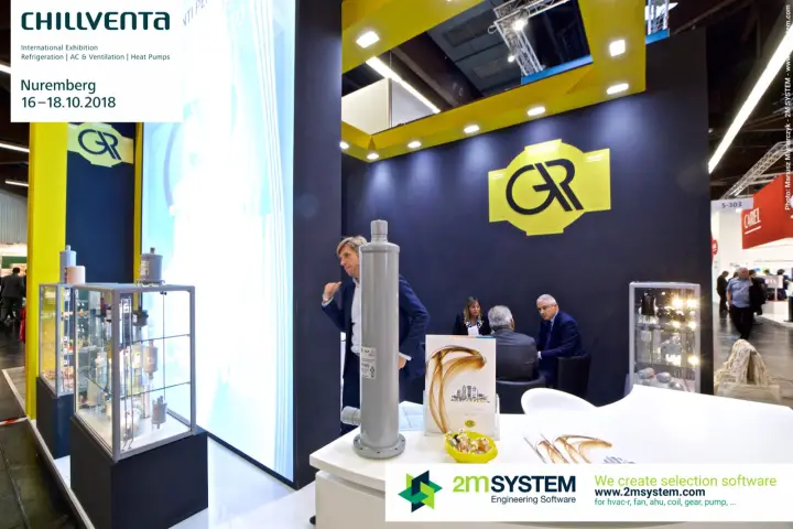 Navy and yellow stand with GR logo, filter driers and refrigeration components