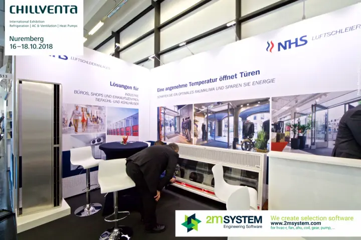 NHS horizontal air curtain with an open front panel showing its fans at Chillventa 2018
