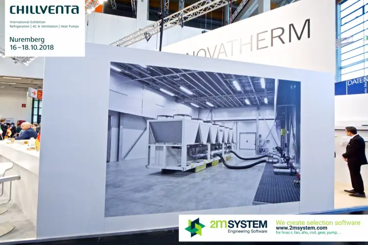 Novatherm stand wall with a large photo of chillers in a test hall
