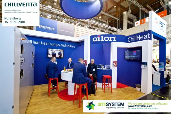 Oilon ChillHeat stand with red stools and blue walls under a hanging ring sign