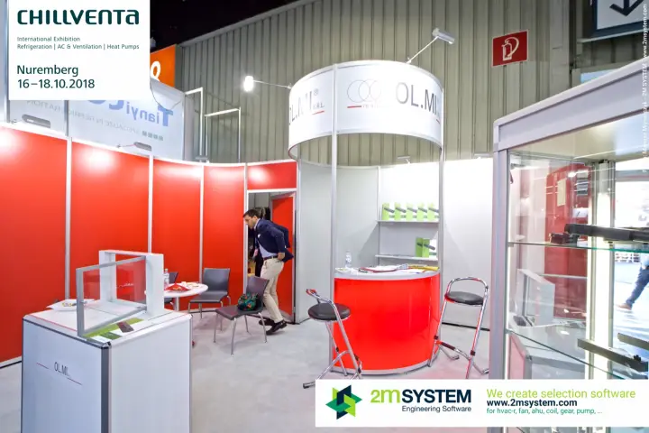 OL.MI shell-scheme stand with round red counter and circular header at Chillventa 2018