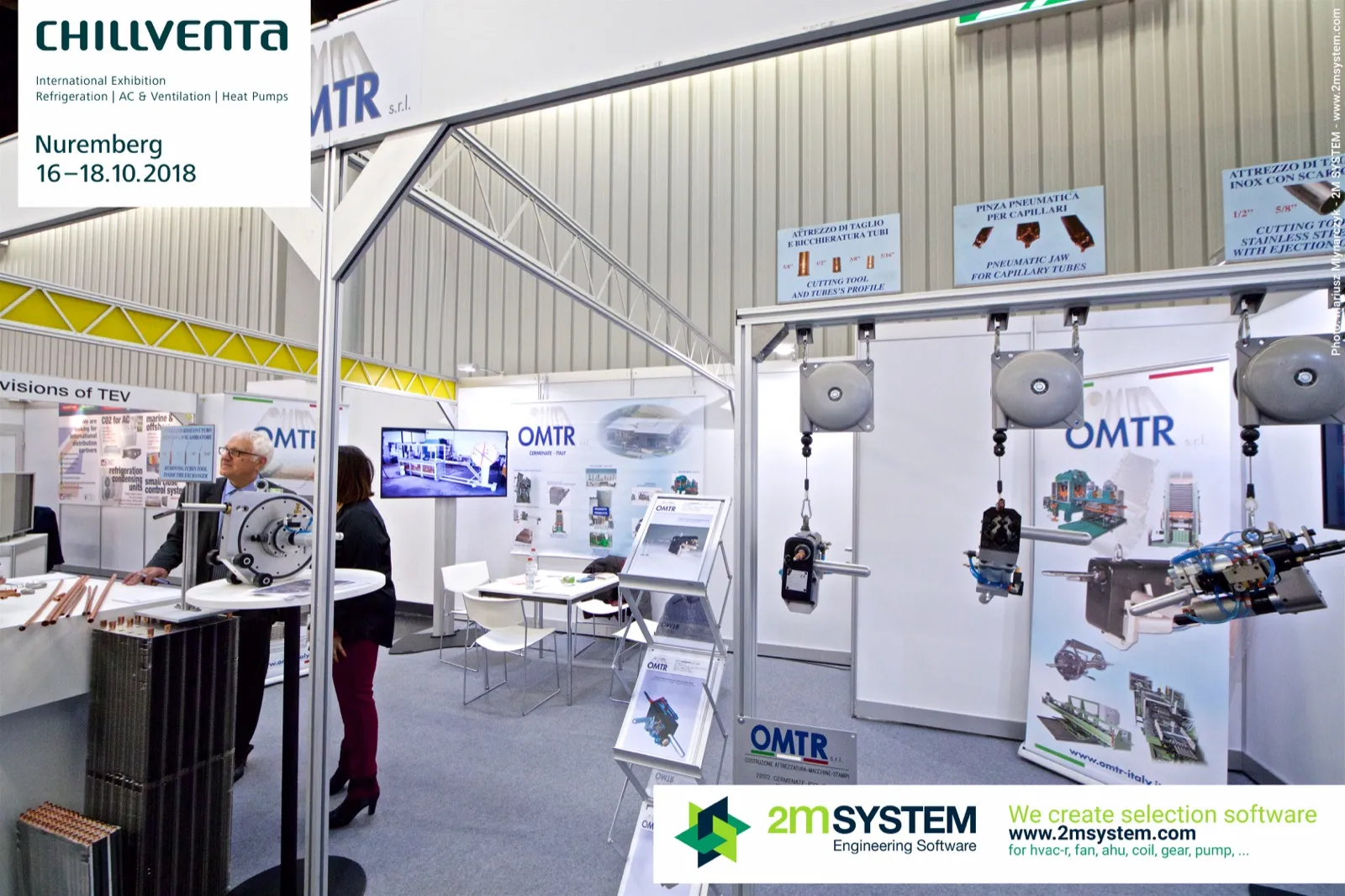 OMTR pneumatic tube cutting and capillary tools hanging from balancers at Chillventa 2018