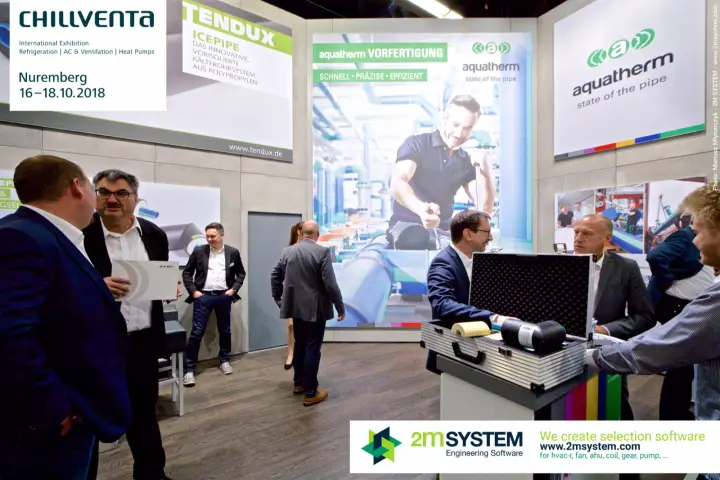 Open case of insulated pipe samples under the Aquatherm Vorfertigung graphic at Chillventa 2018