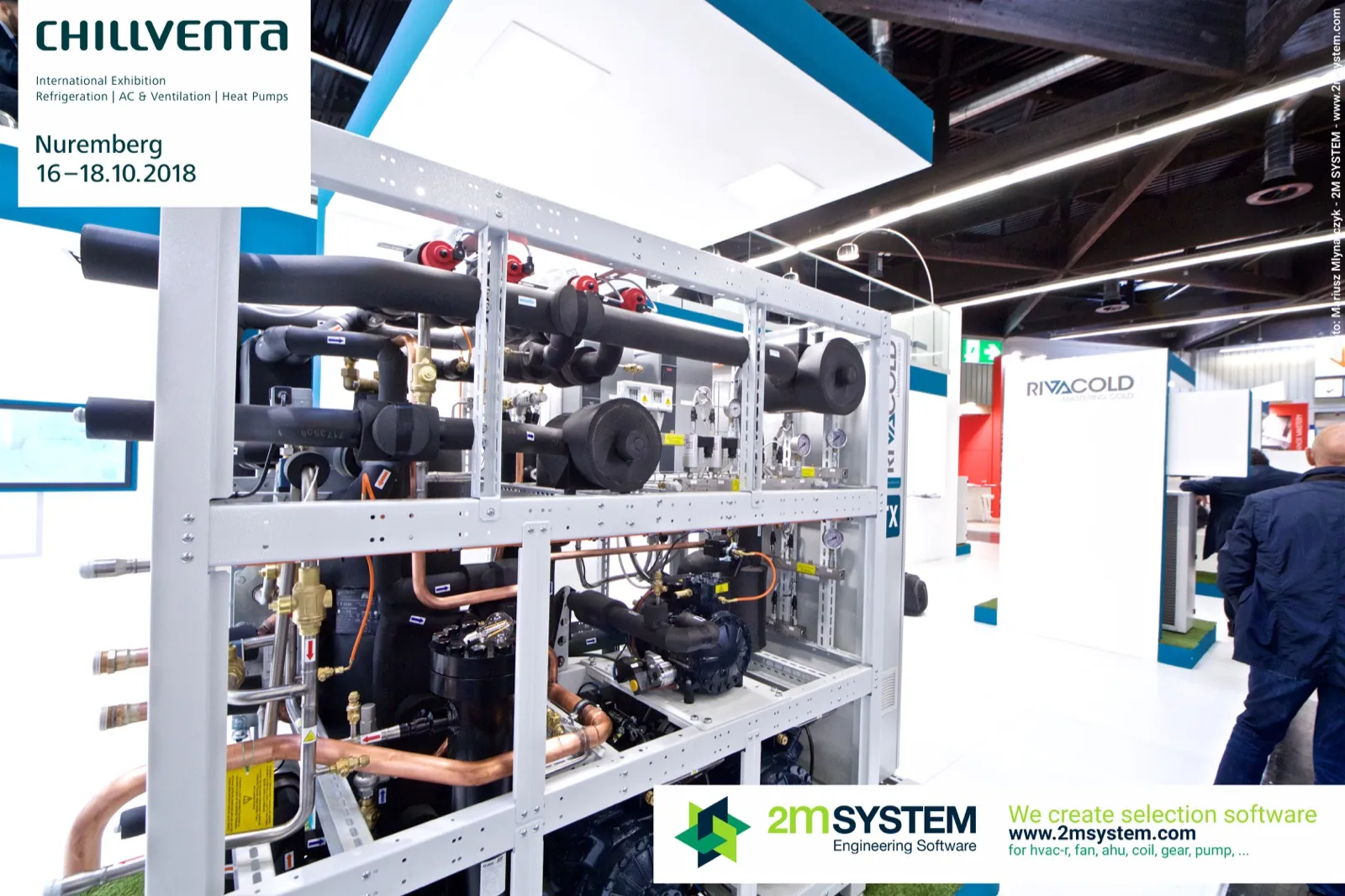 Open-frame Rivacold compressor rack with insulated piping and gauges at Chillventa 2018