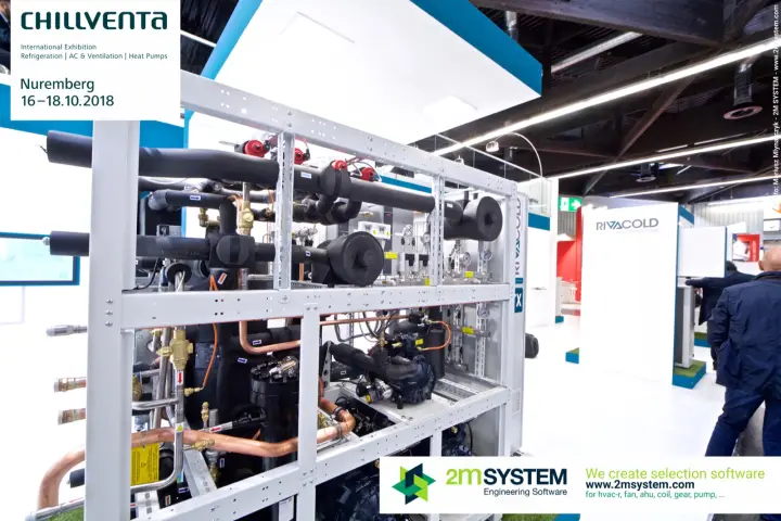 Open-frame Rivacold compressor rack with insulated piping and gauges at Chillventa 2018