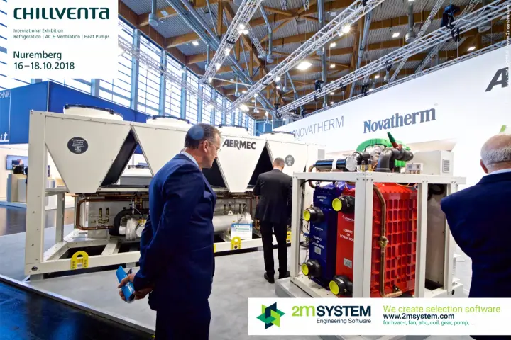 Open-frame unit with blue and red plate heat exchangers before an Aermec chiller at Chillventa 2018
