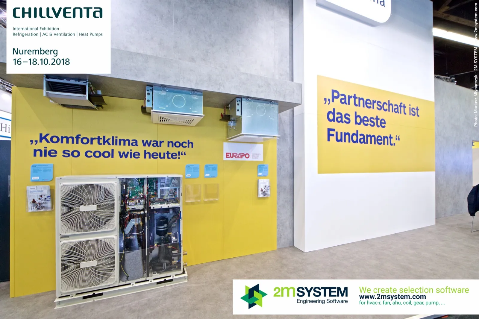 Open outdoor unit and ceiling cassettes on S-Klima yellow display wall at Chillventa 2018