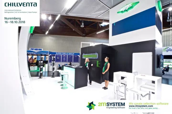Open white Bitzer stand with black reception counter and bar tables at Chillventa 2018