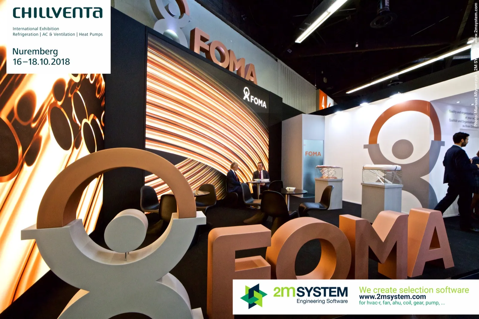 Oversized Foma logo letters with tube samples in glass cases at Chillventa 2018