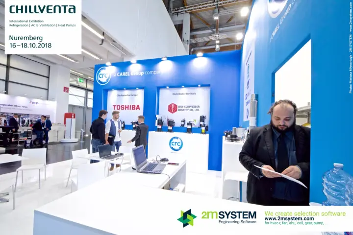 Overview of the blue CRC stand with compressor niches and work desks at Chillventa 2018