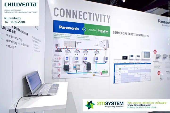 Panasonic "CONNECTIVITY" wall with Schneider Electric integration diagram at Chillventa 2018