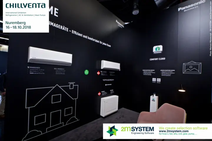 Panasonic home air conditioners and Comfort Cloud app on a black wall at Chillventa 2018