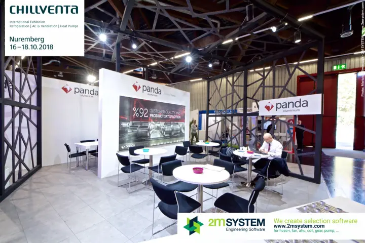 Panda Aluminium stand with black geometric frame and meeting tables at Chillventa 2018