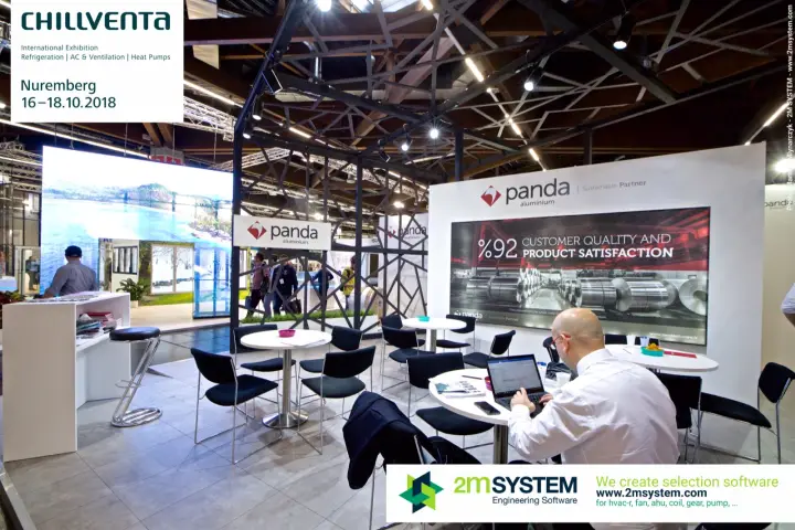 Panda Aluminium wall with "Sustainable Partner" slogan and coil photo at Chillventa 2018