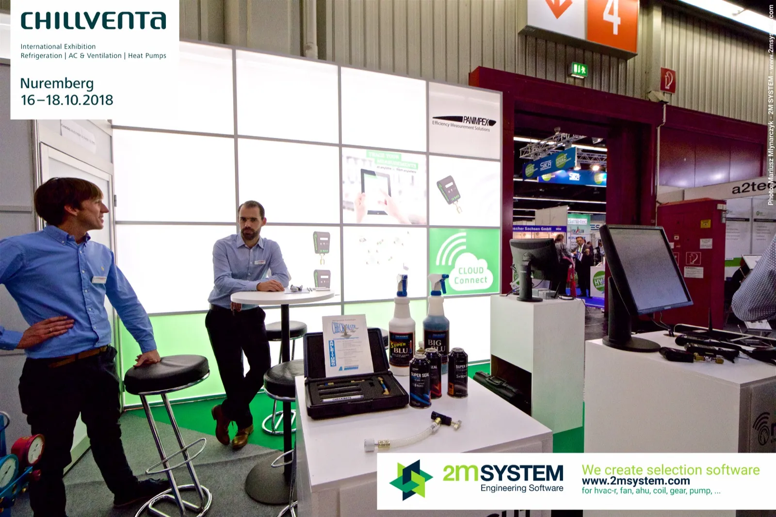 Panimpex counter with leak sealants, tester kit and monitors at Chillventa 2018