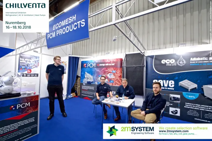 PCM Products and EcoMesh stand with thermal storage and adiabatic cooling graphics