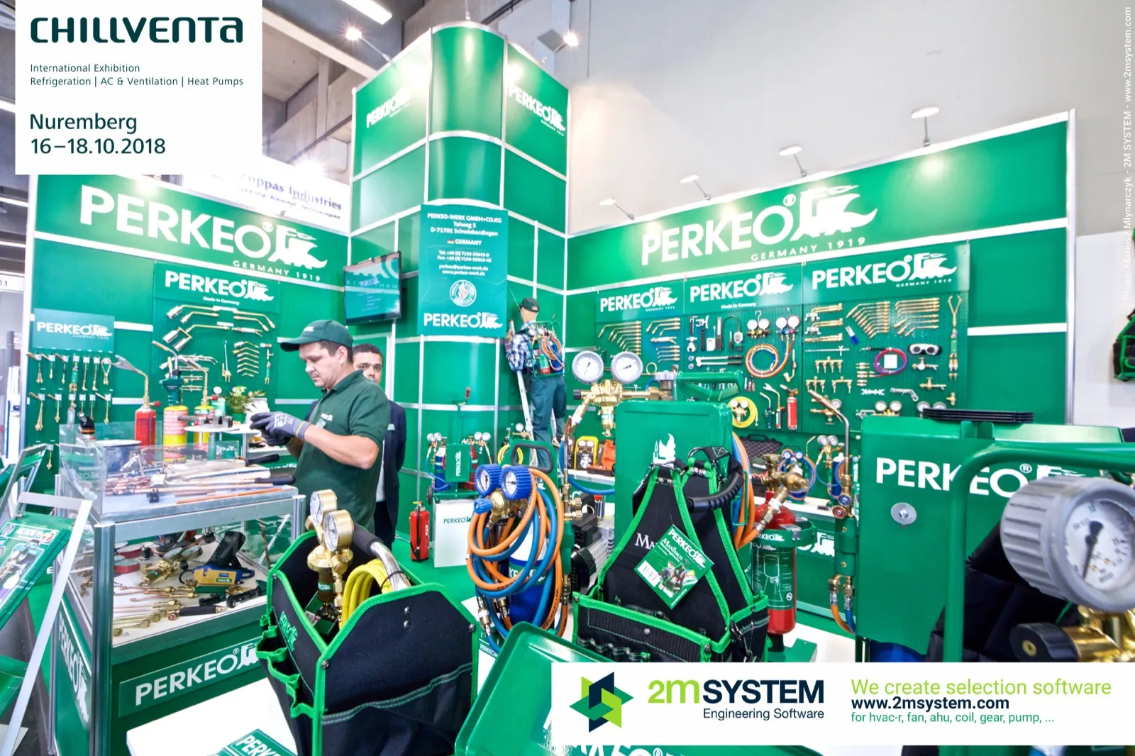 Perkeo brazing kits in tool bags with manifold gauges and regulators at Chillventa 2018