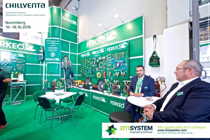 Perkeo corner stand with a tool wall and meeting tables at Chillventa 2018