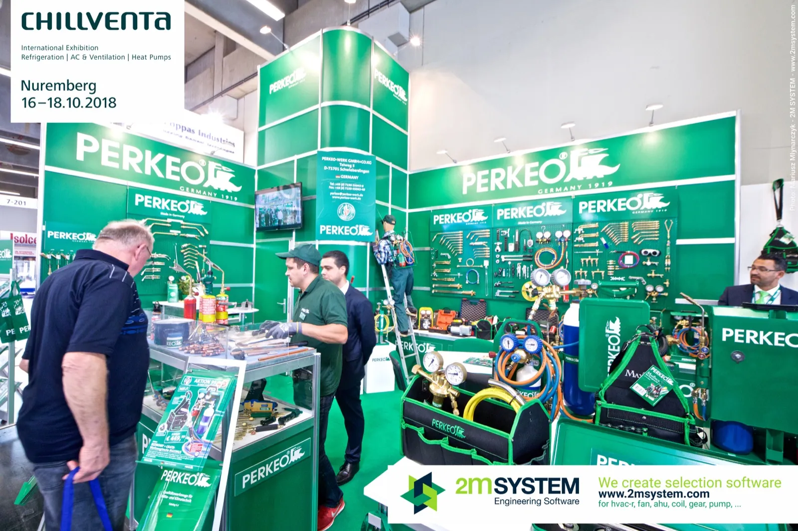 Perkeo stand with brazing torches, manifold gauges and tool bags at Chillventa 2018