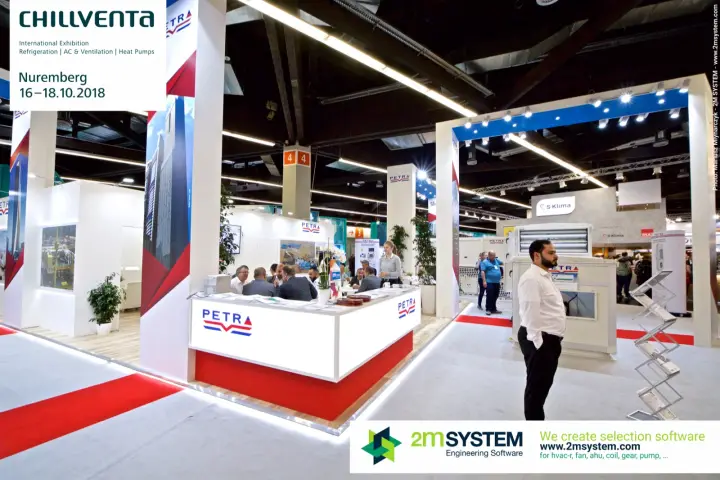 Petra island stand with counter, meeting tables and skyscraper columns at Chillventa 2018