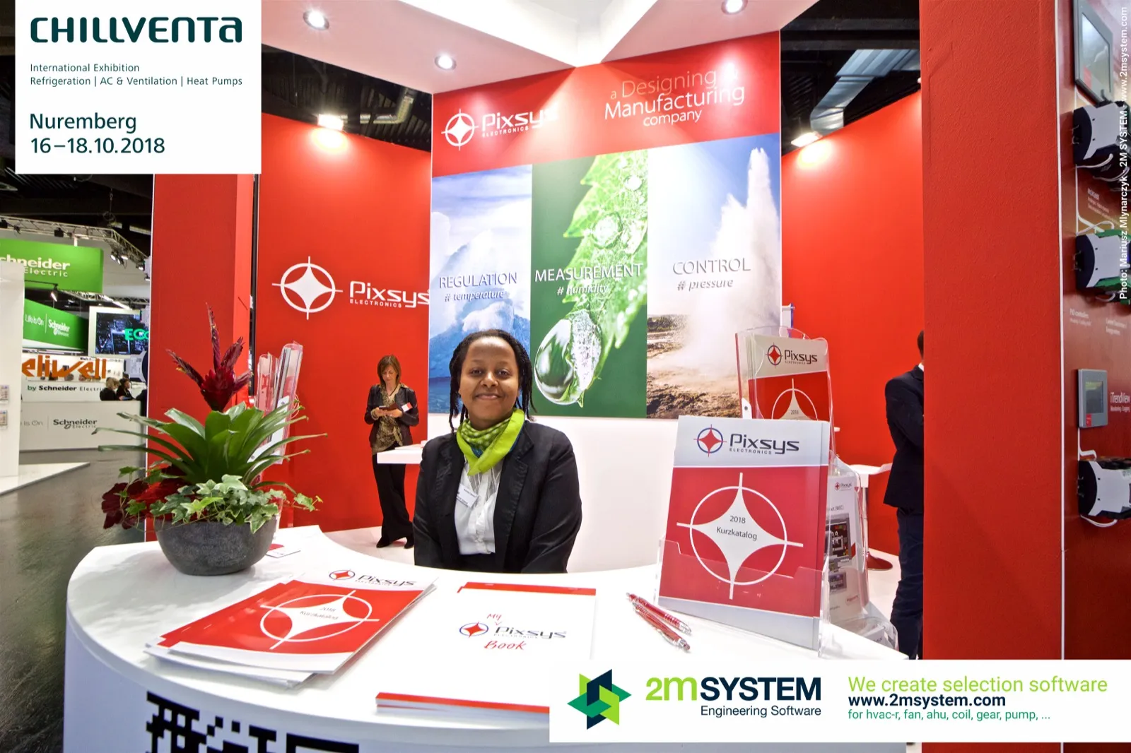 Pixsys reception desk with Regulation, Measurement and Control graphics at Chillventa 2018