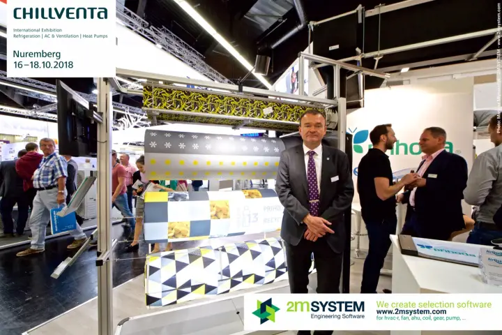 Prihoda display rack of patterned textile ducts with recycled fabric graphic at Chillventa 2018