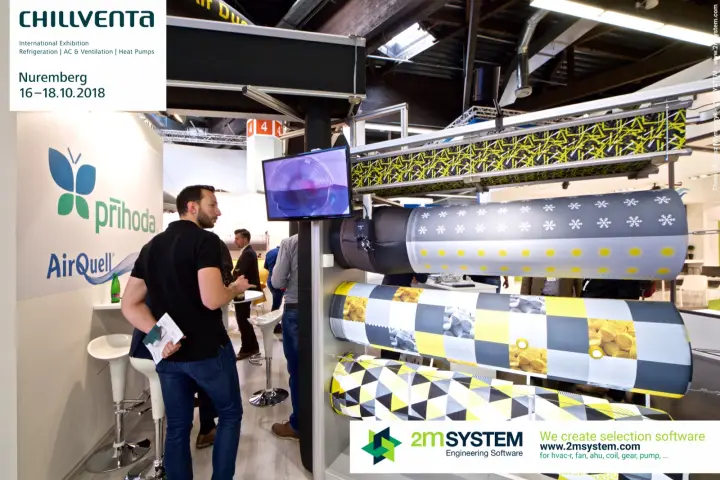 Printed Prihoda fabric ducts on a frame beside the AirQuell wall at Chillventa 2018