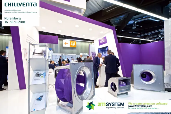 Purple centrifugal fan impellers and housings on the Regal stand