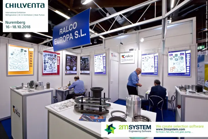 Ralco Europa stand with compressor pistons, gaskets and spare-part posters at Chillventa 2018