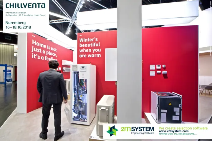 Red stand with an opened heat pump indoor unit and the slogan 'Winter's beautiful'
