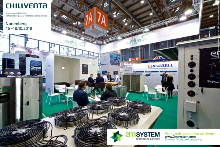 Refra stand with multi-fan unit in front of green-carpeted lounge at Chillventa 2018